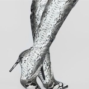 Fashion Nova high knee snakeskin boots